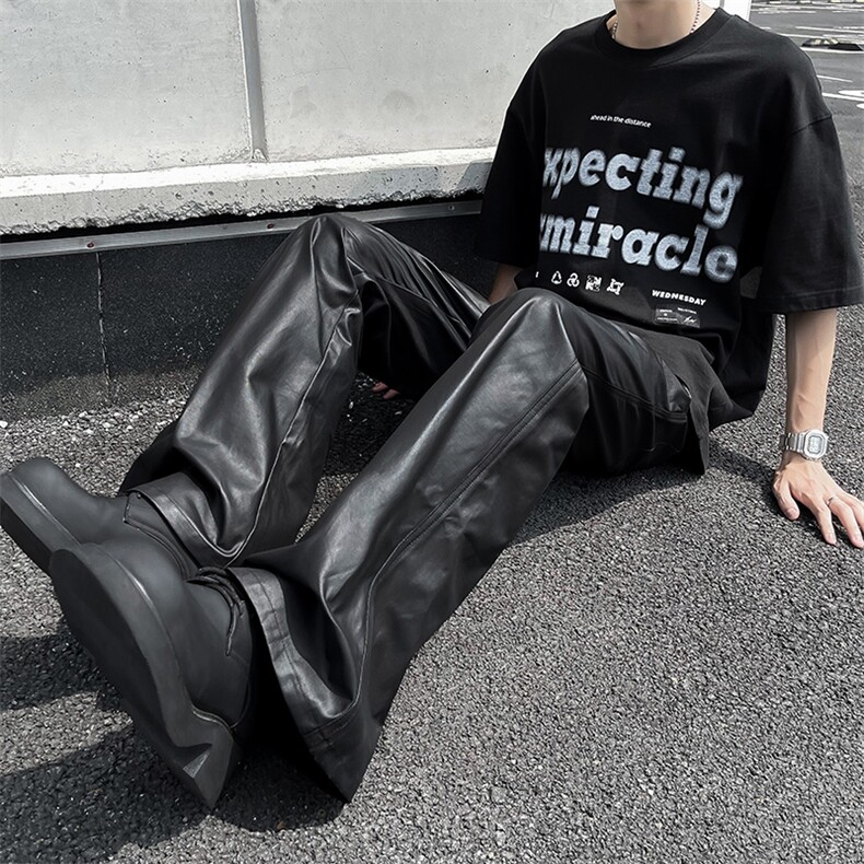 夏男皮裤微喇叭直筒宽松皮革长皮裤h175P60，男装皮裤，星座1013-1