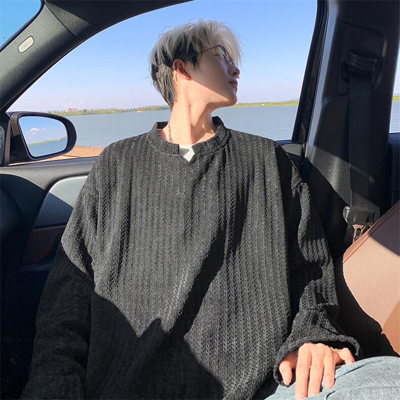 美式高街千鸟格子长袖T恤男女亨利V领英伦雅痞休闲宽松长袖打底衫，男装T恤，电商A486