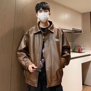 春季PU皮外套机车潮流男士夹克贴标皮衣宽松个性A266-PY006-P80图片