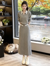 高端轻奢撞色拼接衬衫领卫衣套装女秋季新款时尚休闲半身裙两件套，女装套装/套裙，江南