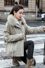 棉衣/棉服2021新款冬仿羊羔毛中长款工装棉服派克服女外套配毛领，女装派克服，瑶迪依秀