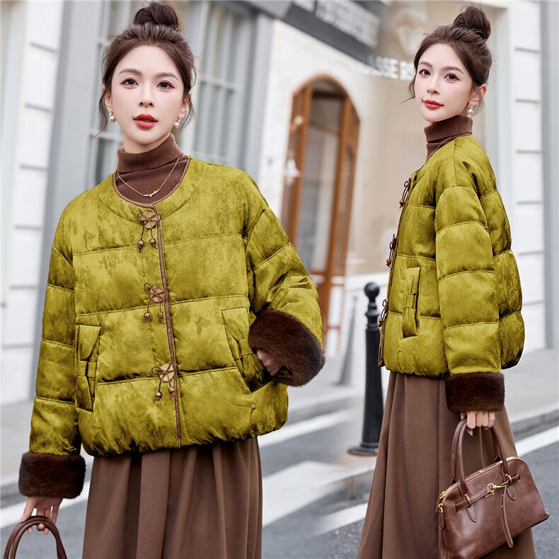 现货新中式提花羽绒服女2025冬季新款超好看拼接撞色保暖外套女,女装羽绒服,美沁