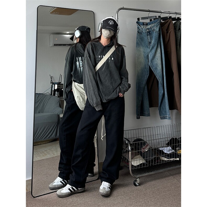 现货废土风美式纯色基础款牛仔裤直筒拖地裤310A-2BK329P50控68,男装牛仔裤,星座310A-2