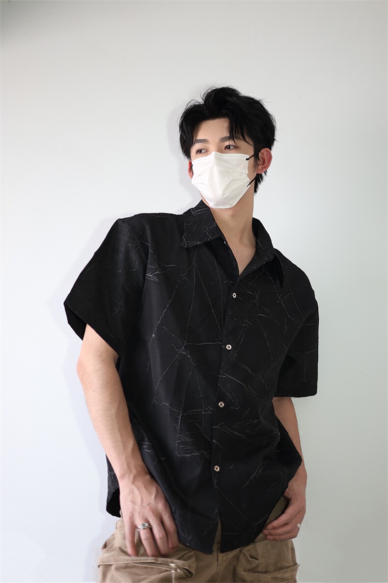 夏季新款短袖衬衫小众解构肌理感黑色裂纹韩版花衬衫打底T恤P50,男装T恤,电商B319