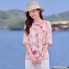 现货新中式刺绣印花套装女夏季新款复古盘扣上衣减龄两件套女，女装套装/套裙，韩蔻秀