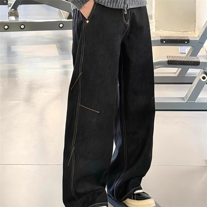 美式复古丹宁黑色阔腿弯刀裤情侣春秋男款百搭宽松休闲牛仔裤潮搭,男装牛仔裤,星座302B