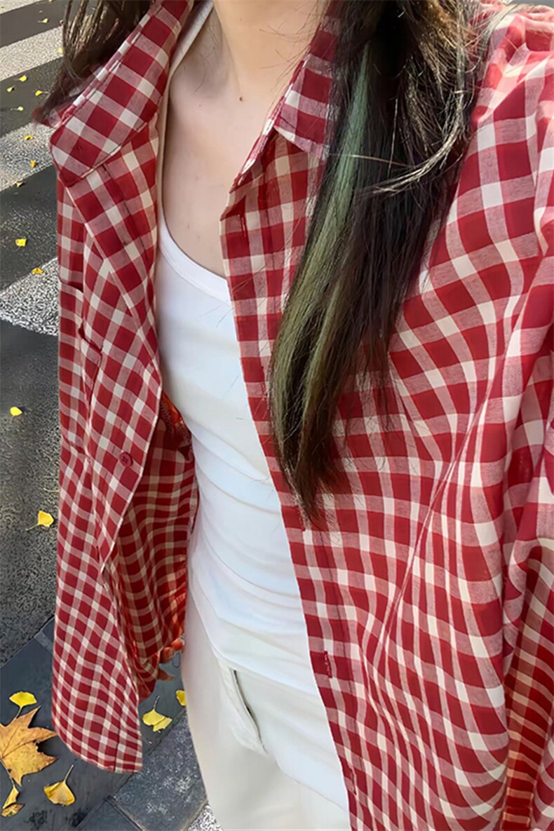 韩版时尚休闲红色格子小众设计感衬衫上衣衬衣C2247-特价P35,男装衬衫,电商A007