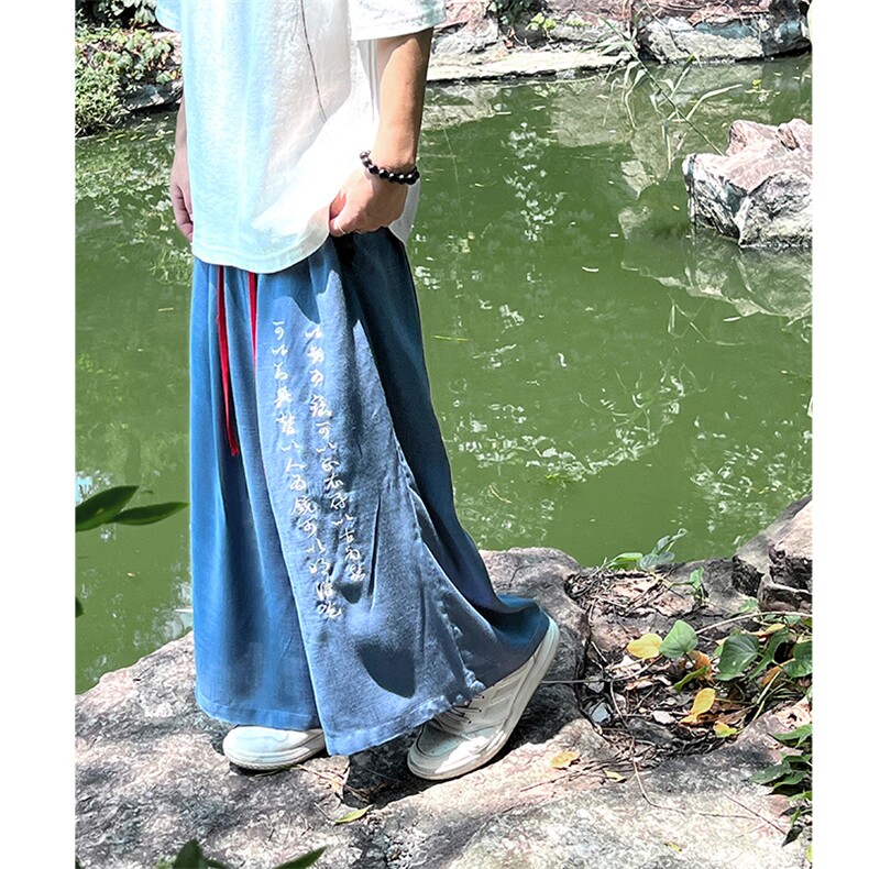 亚麻新中式潮刺绣春夏七分阔腿裤男女ZK031-P55,男装休闲裤,电商A021