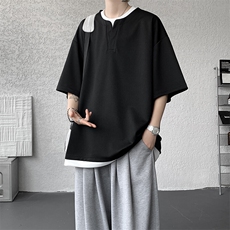 8XL-M重磅斜纹假两件短袖t恤男夏季薄款宽松大码半袖体恤DT006P45，男装T恤，电商B312