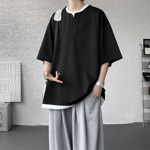 8XL-M重磅斜纹假两件短袖t恤男夏季薄款宽松大码半袖体恤DT006P45图片