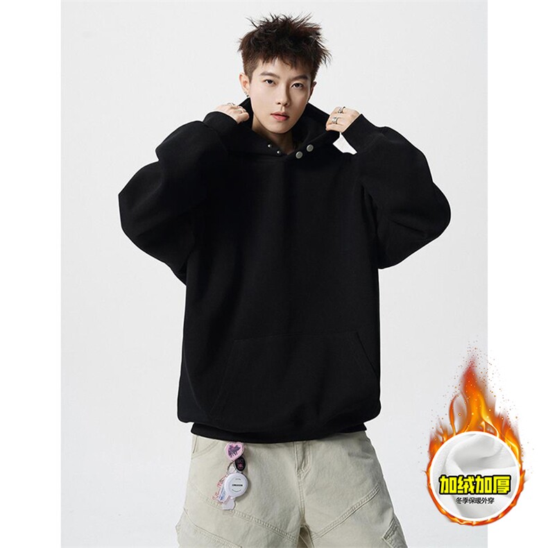 480G重磅加绒加厚硬挺boxy男女秋冬装美式高街廓形两粒扣连帽卫衣，男装卫衣，电商A486-1
