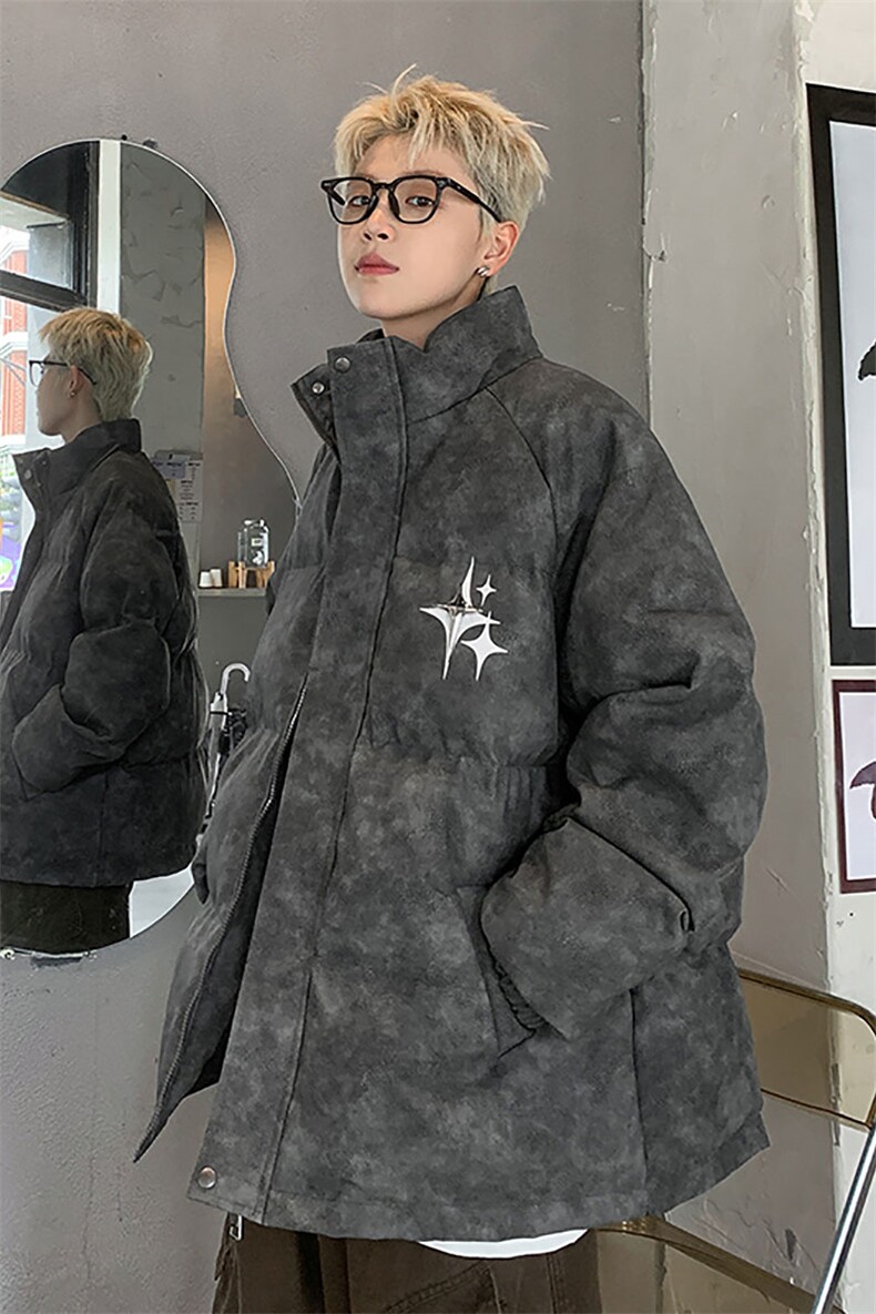 港风PU皮复古做旧可拆卸四芒星胸针设计棉衣男MY77721P128控168,男装棉衣,星座226-1