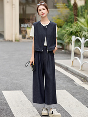 时尚条纹拼接休闲套装女2025夏新款洋气休闲马甲阔腿裤搭配一整套，女装套装/套裙，沁沁公主