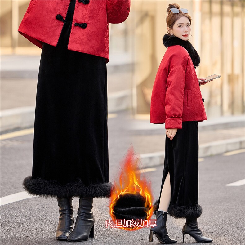 2026年冬季新款H型高腰高档金丝绒加厚半身裙鸵鸟毛下摆百搭女士，女装半身裙，韩宇舍