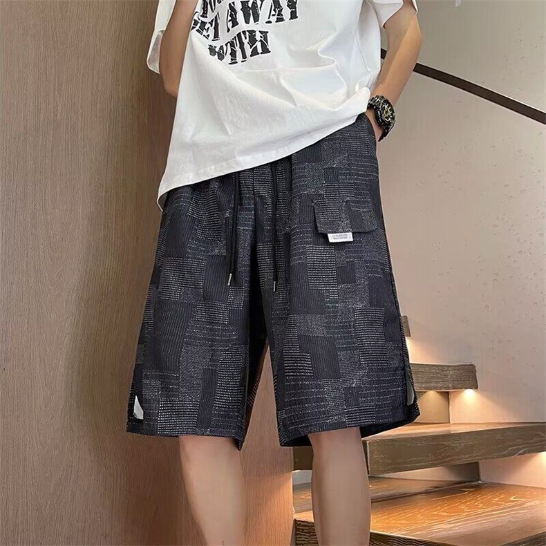 撞色格子阔腿短裤男夏季潮牌宽松百搭五分裤休闲中裤K6207-P30,男装休闲裤,星座412-2