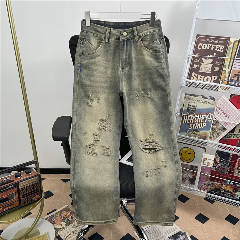 破洞修补牛仔裤男宽松直筒春秋潮流时尚美式高街水洗裤子8039/P46,男装牛仔裤,星座506B