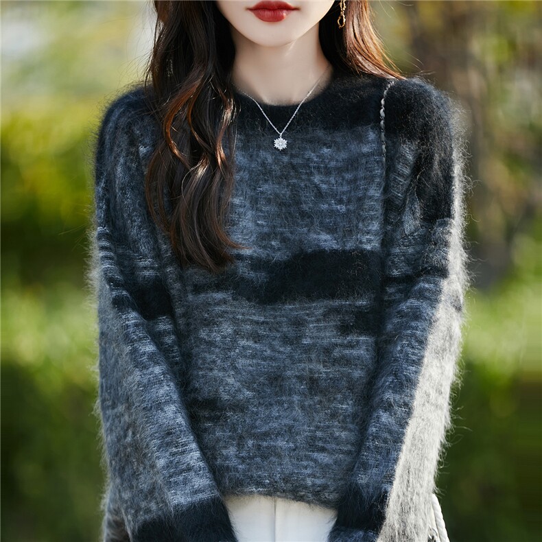 秋冬100%纯羊毛衫针织毛衣女圆领拉绒拼色长袖上衣宽松慵懒羊绒衫，女装针织衫/毛衣，片语羊绒