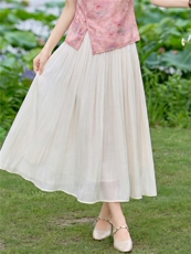 现货米黄色中长半身裙女2026夏季A字大摆伞裙纱幕半身裙子中老年，女装半身裙，璐依舞