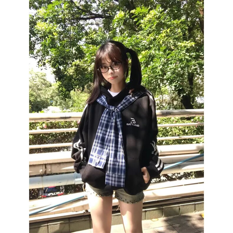 W10436-P53网图现货美式复古可拆卸格子披肩连帽卫衣宽松外套,女装短外套,星座1608