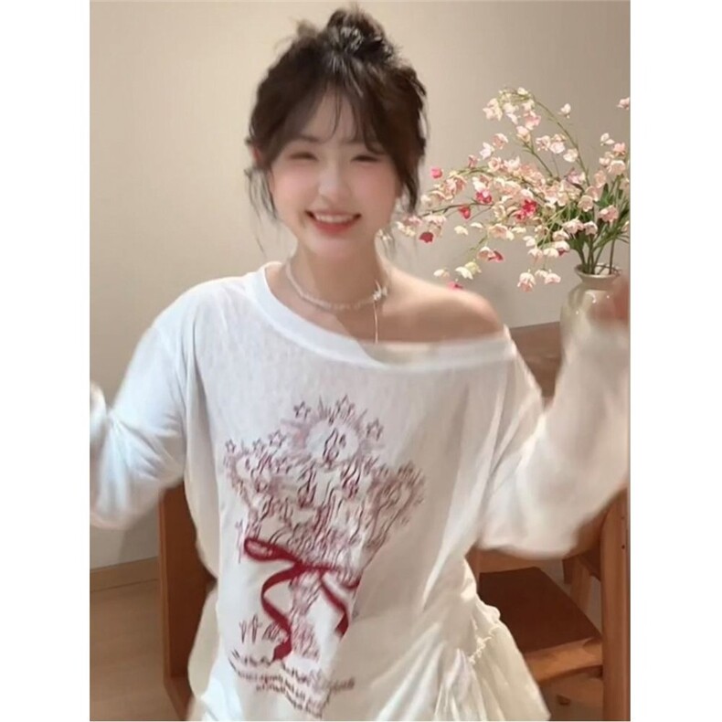 美式斜肩长袖t恤女春季新款涂鸦印花慵懒风防晒罩衫宽松薄款上衣,男装防晒衣,星座1210-1