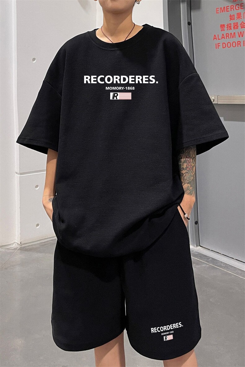 ！2025夏季新款男士华夫格短袖套装印花一套HTZ77P50,男装T恤,电商B220