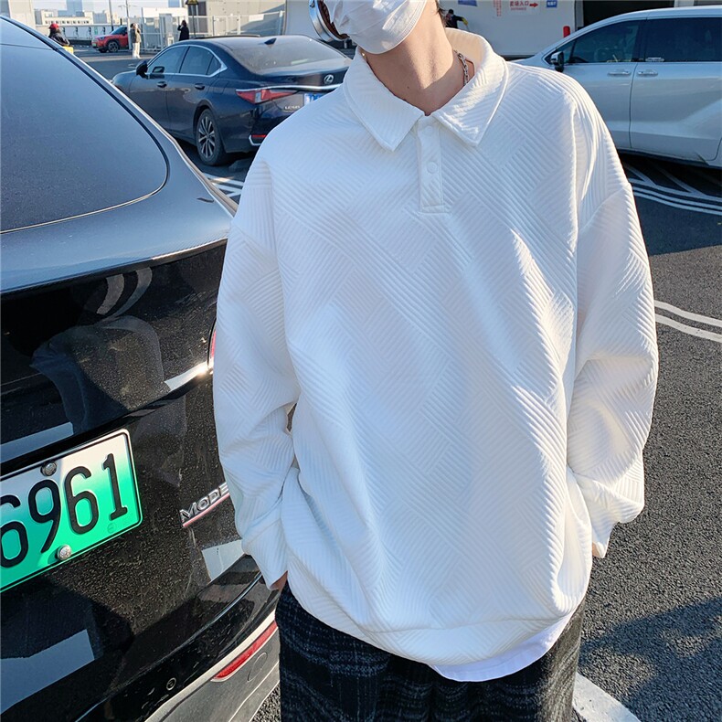 2025秋冬翻领亨利领提花POLO衫痞帅卫衣外套W56682/特P25白色3,男装Polo衫,电商A094