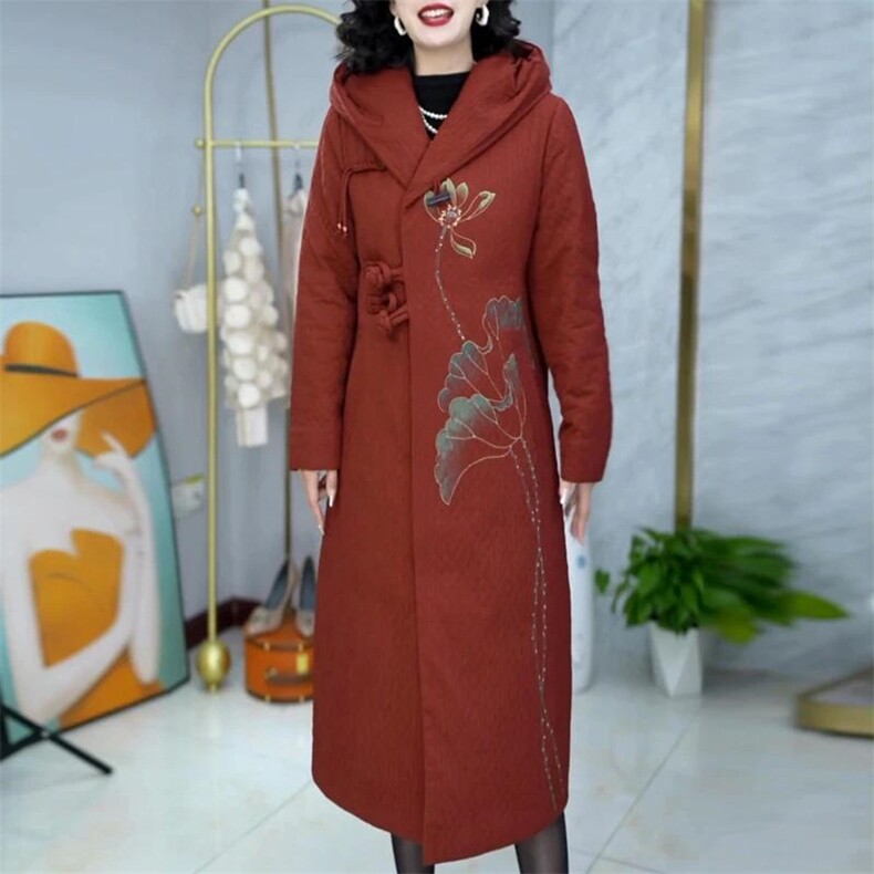 印花羽绒棉服女中长款修身刺绣盘扣高端气质棉衣棉袄外套冬,女装棉衣/棉服,韩蔻秀
