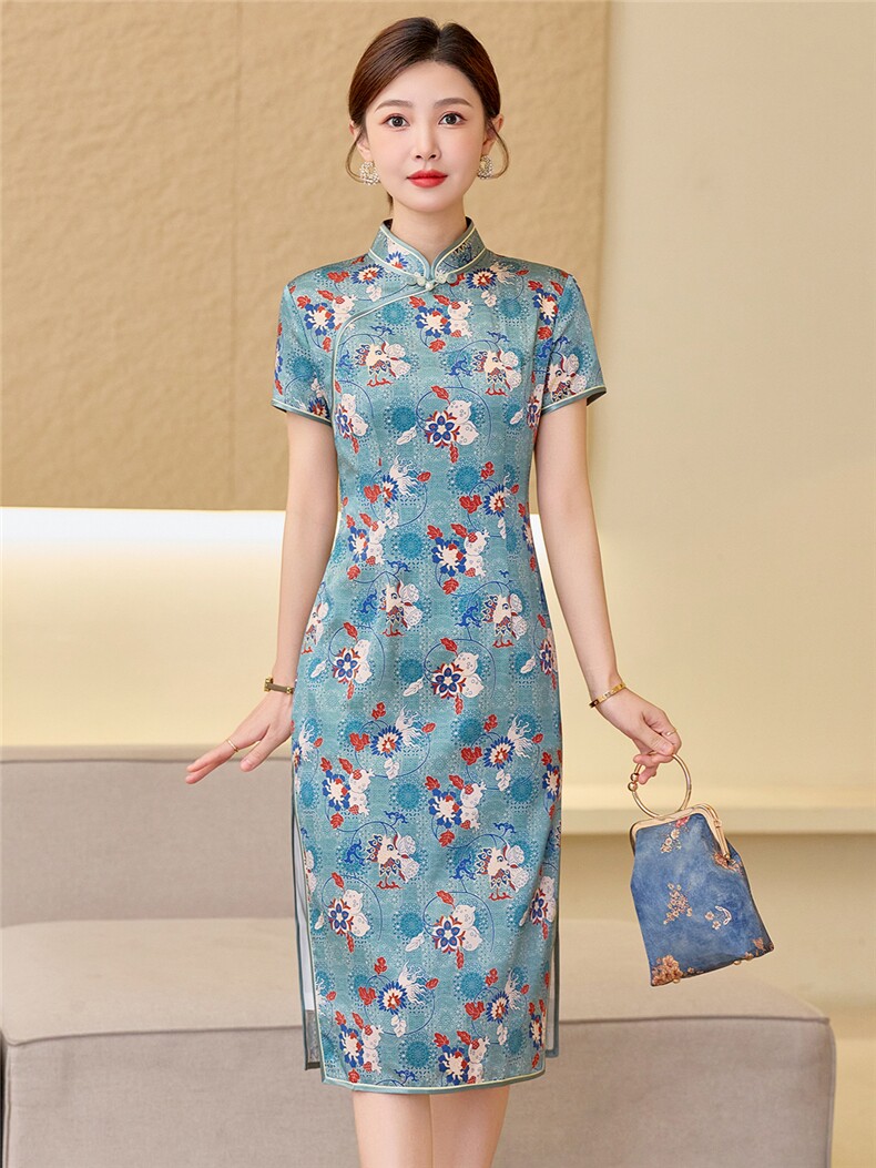 杭州品质真丝长裙复古印花连衣裙女春夏日常修身潮流真丝旗袍,女装汉服/婚纱/旗袍/礼服,小荷流