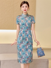 杭州品质真丝长裙复古印花连衣裙女春夏日常修身潮流真丝旗袍，女装汉服/婚纱/旗袍/礼服，小荷流