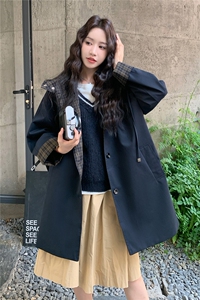 黑色韩版宽松显瘦格子拼接风衣女2025秋季新款长款简约休闲风外套图片