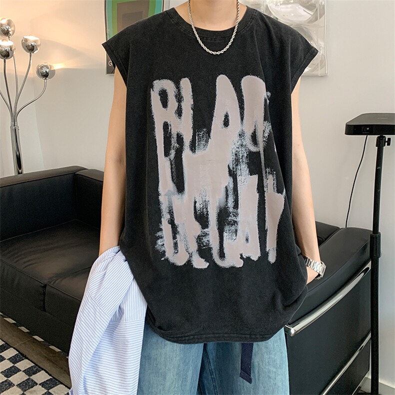 抖音供货、260克现货水洗棉印花宽松版无袖背心 D223A-BX2216-P35图片