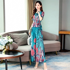连衣裙2021年夏季潮流简约时尚百搭大码显瘦印花阔腿裤套装两件套，女装套装/套裙，瑶迪依秀