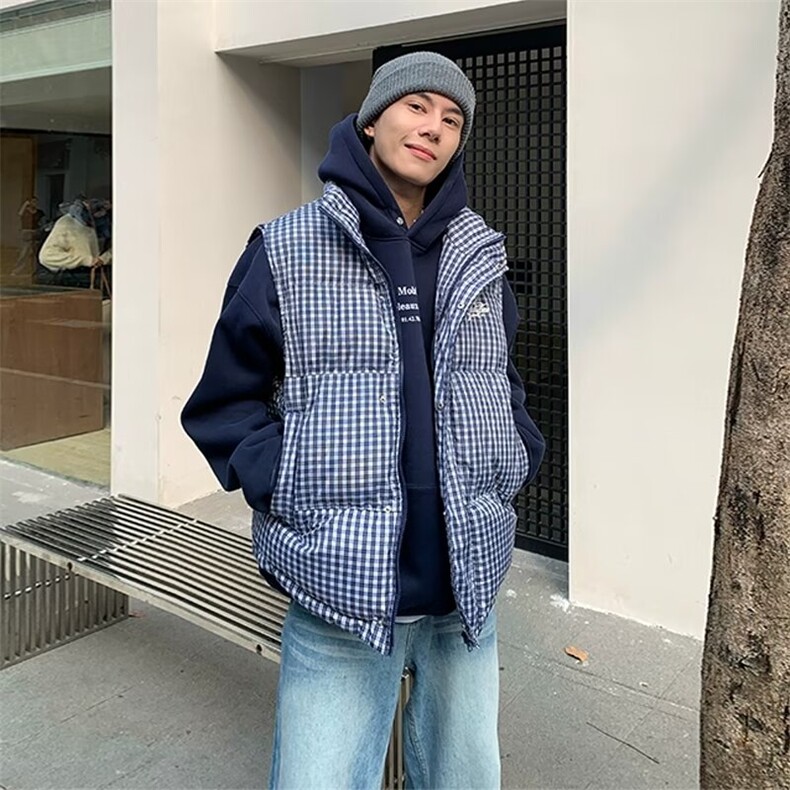 美式复古蓝色格子棉服马甲男款秋冬潮牌叠穿背心外穿立领坎肩马夹图片