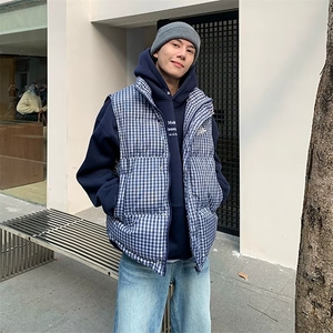 美式复古蓝色格子棉服马甲男款秋冬潮牌叠穿背心外穿立领坎肩马夹图片