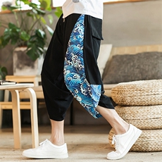 2025新中式汉服阔腿沙滩裤灯笼裤民族风七分裤A057-K55-P40，男装牛仔裤，电商A057B