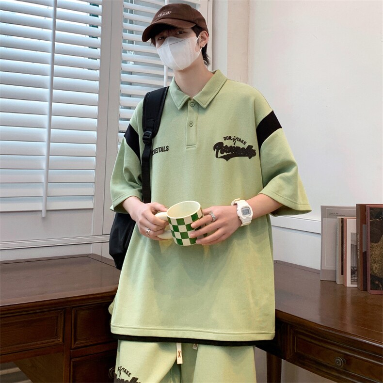 夏款青少年拼接印花半袖套装休闲宽松Polo衫男女6621-P75控价108,男装Polo衫,电商A441-1