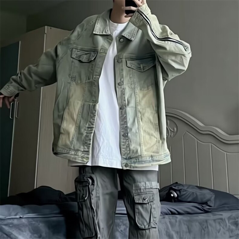 美式高街Vibe黄泥做旧水洗牛仔夹克男复古潮牌拉链外套L88877-P63,男装工装外套,星座1008