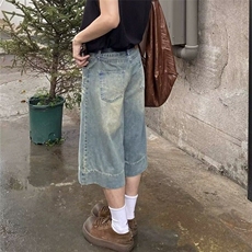 夏季薄款破洞牛仔短裤男美式复古宽松中裤潮牌街头百搭五分裤，男装牛仔裤，星座813-3