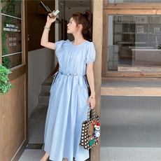 淡蓝色简单大方法式连衣裙2025新款女夏温柔风小个子收腰A字长裙，女装连衣裙，2C159