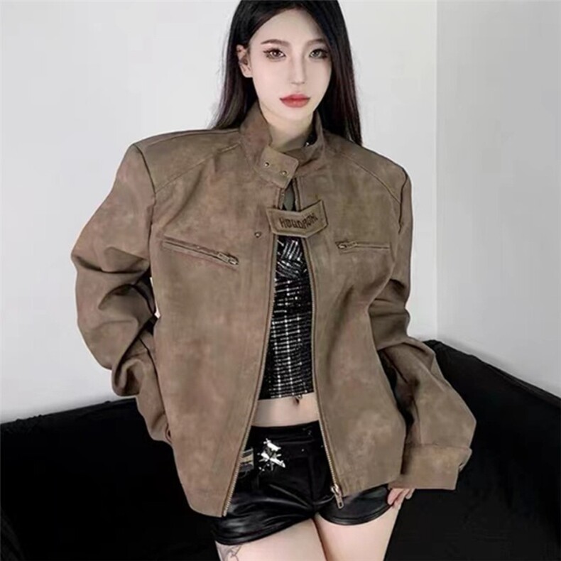 加厚棉服袄子棕色机车麂皮衣夹克女短款立领垫肩外套秋冬JKX762图片