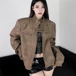 加厚棉服袄子棕色机车麂皮衣夹克女短款立领垫肩外套秋冬JKX762图片