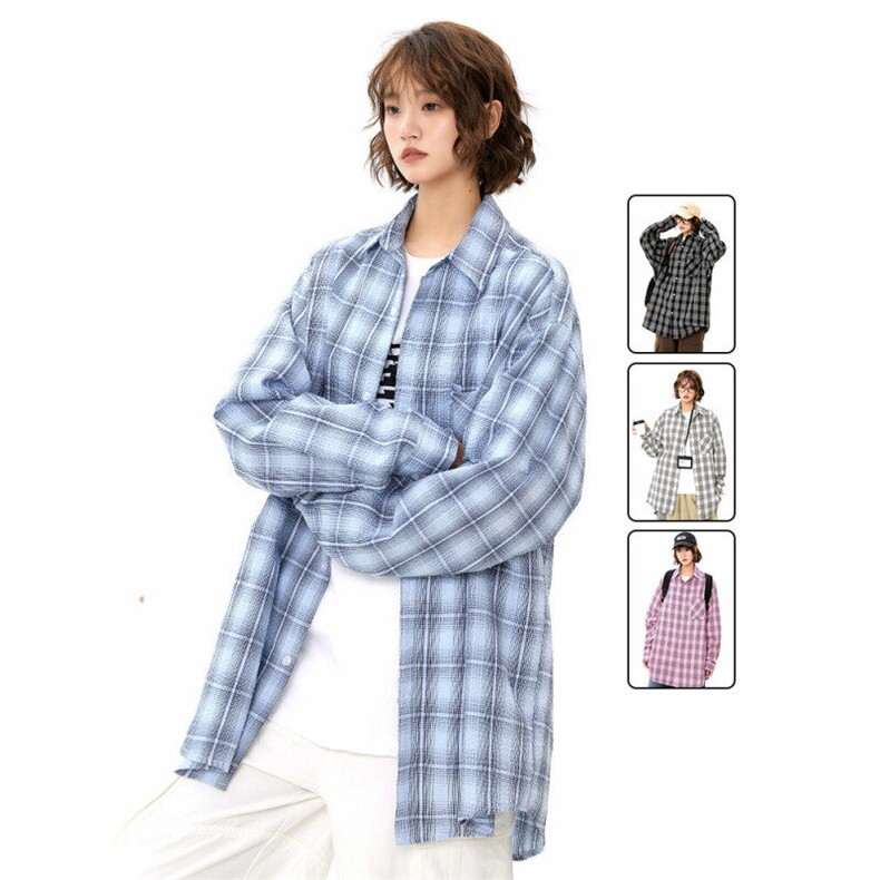 美式长袖衬衫男女夏季宽松多巴胺情侣防晒衬衣百搭休闲外套931P50,女装衬衫,星座710