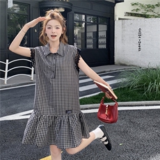 法式复古蕾丝拼接飞袖格子翻领简约休闲连衣裙女2025夏季新款裙子，女装连衣裙，2C273