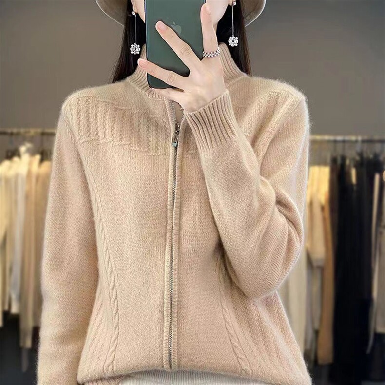 通勤秋冬拉链针织开衫女重磅加厚保暖长袖毛衣外套休闲简约上衣新,针织衫/毛衣,萱芳婷羊绒