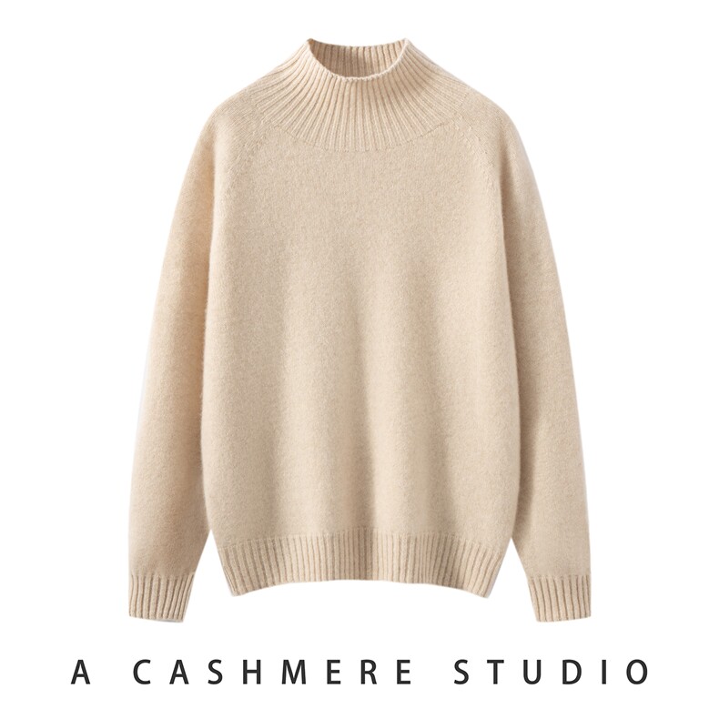 2025春秋新款羊绒衫女100纯山羊绒宽松半高领上衣红色百搭针织衫，女装羊绒衫，轻暖羊绒