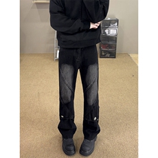 B221美式ins高街暗黑拼接直筒工装牛仔裤LK24147-P70控98，男装牛仔裤，电商B221