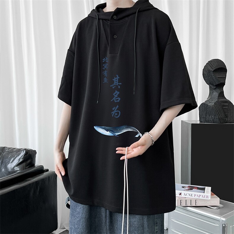 LD54261-P45连帽短袖t恤男大码胖子带帽五分袖中袖,男装T恤,电商A040