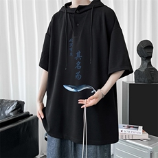 LD54261-P45连帽短袖t恤男大码胖子带帽五分袖中袖，男装T恤，电商A040