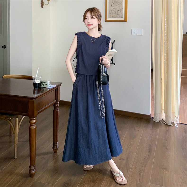 深蓝色休闲时尚套装裙女2025夏季新款独特设计感气质半身裙两件套图片