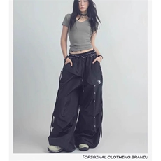 美式复古军绿色工装裤街舞爵士嘻哈设计感速干褶皱休闲直筒裤潮牌，女装休闲裤，星座1210-1